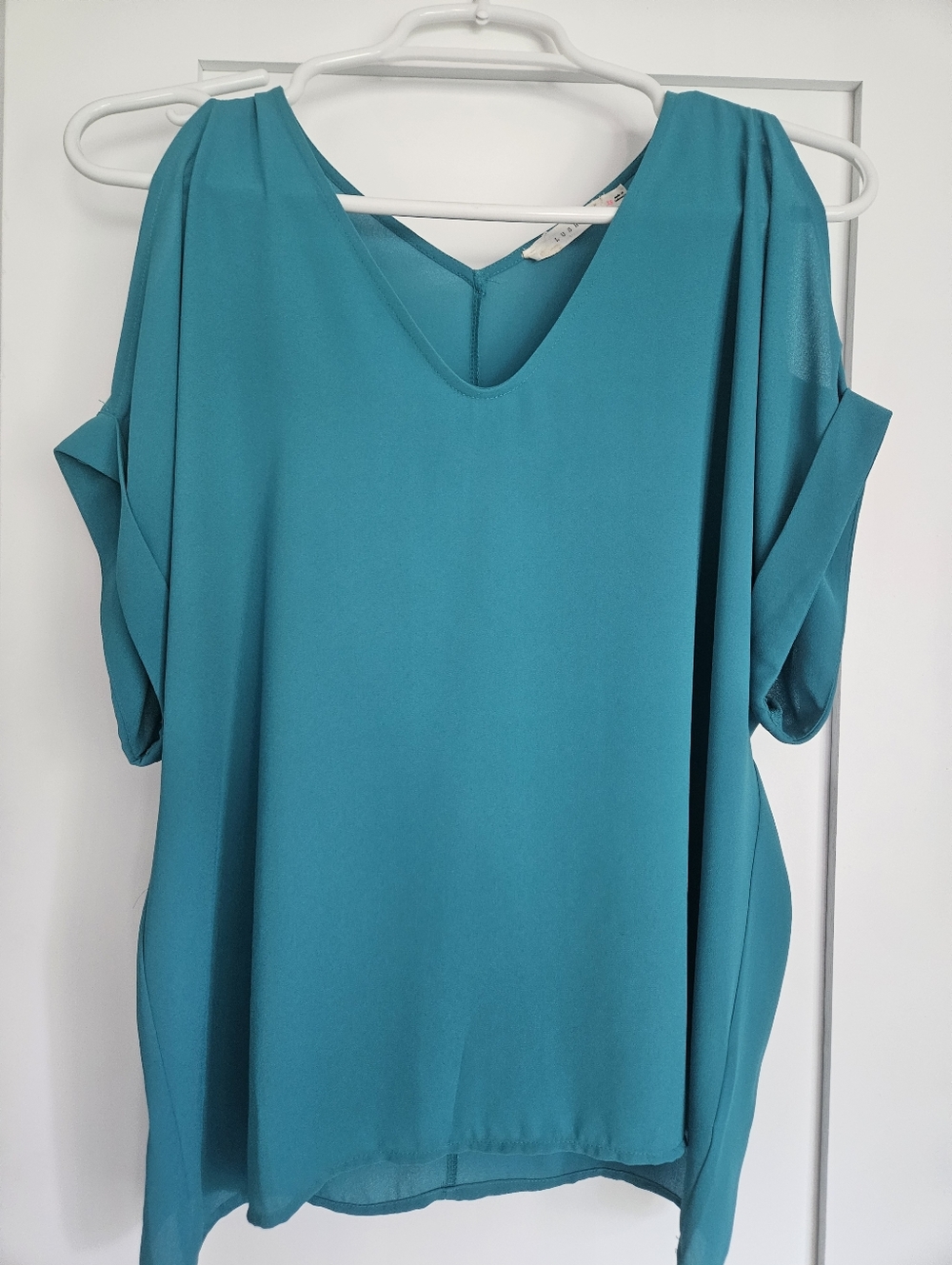 Lush Teal Cold-Shoulder V-Neck Top